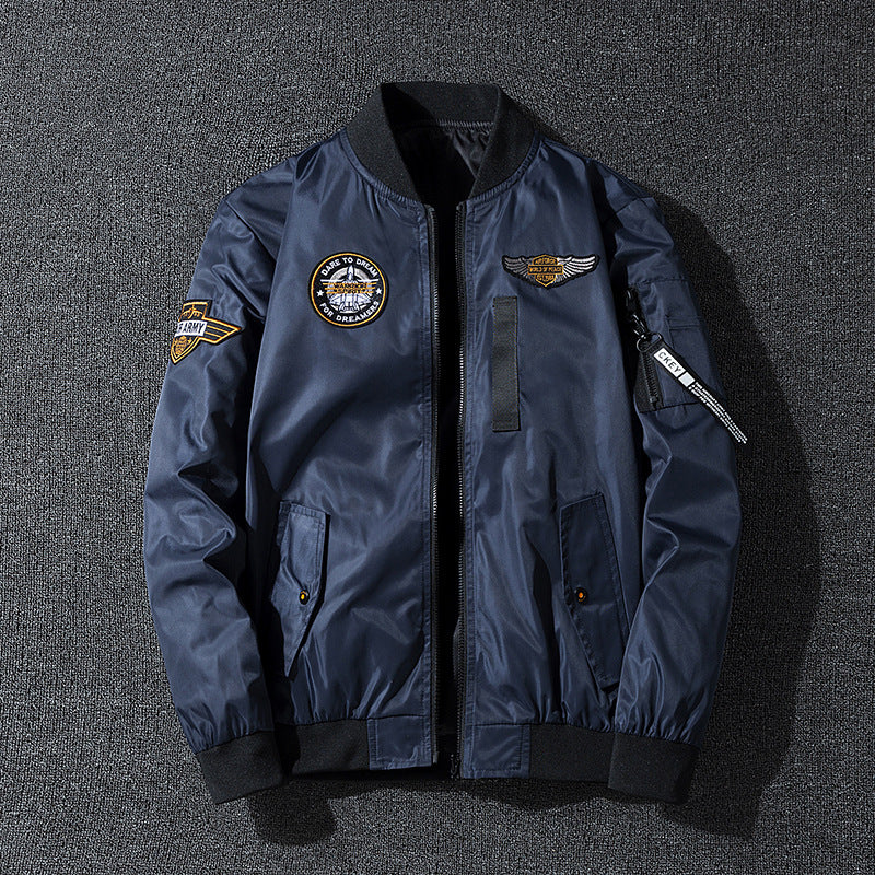 Men's vintage aviation patch lightweight flight bomber jacket with ribbed collar and zip sleeve pocket – Brevano