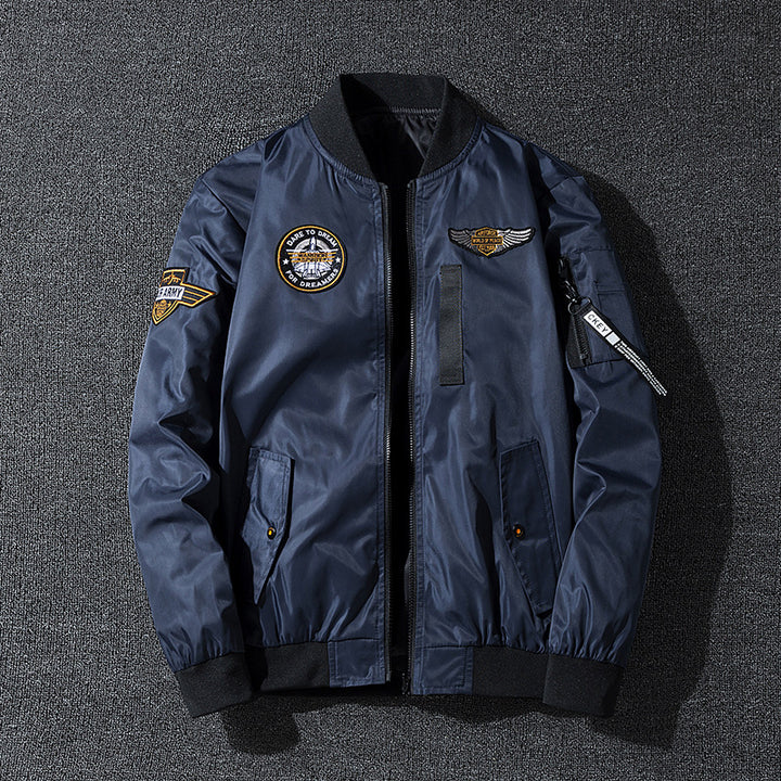 Men's vintage aviation patch lightweight flight bomber jacket with ribbed collar and zip sleeve pocket – Brevano