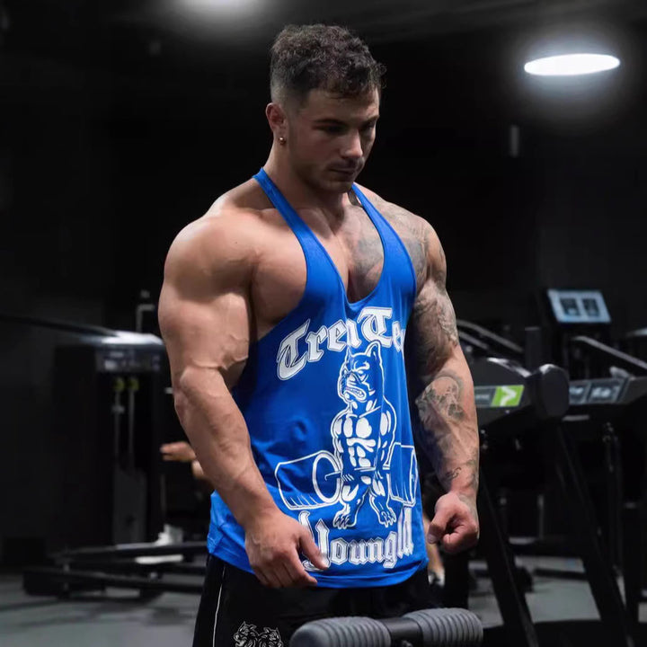 Herren nan figurbetontes Fitness-Tanktop mit Bulldoggen-Grafik und extra tiefen Armausschnitten Echo Archiv