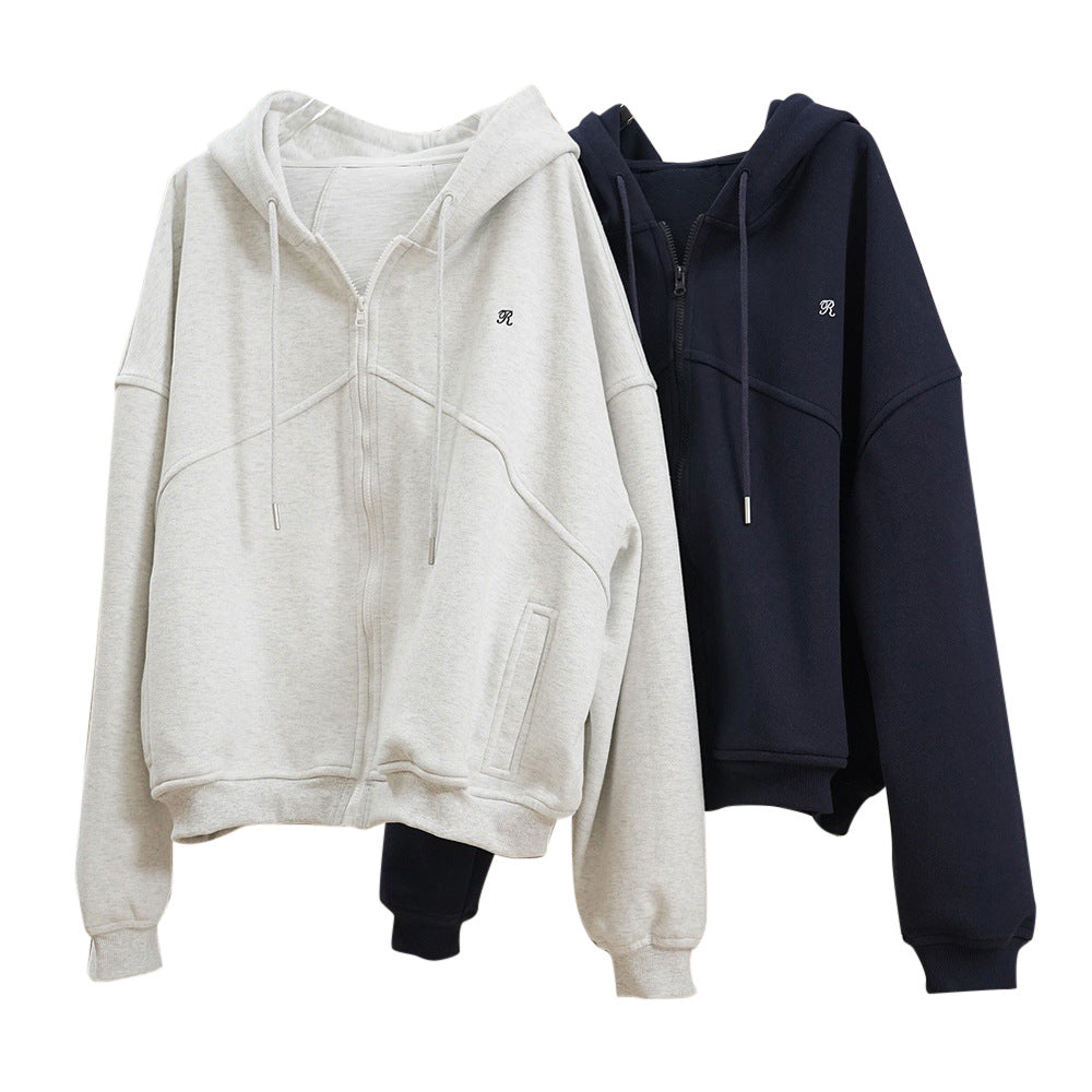 Damen Boxy-Oversize Kapuzen-Sweatjacke mit diagonalem Nahtdetail Echoarchiv