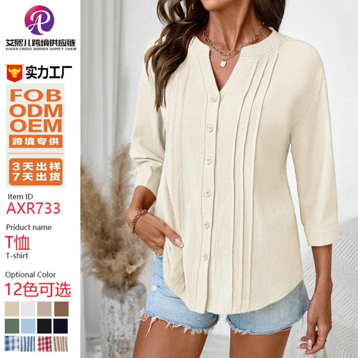 Damen Lockeres Tunikashirt mit Kellerfalten und dreiviertel Ärmeln Echo Archiv
