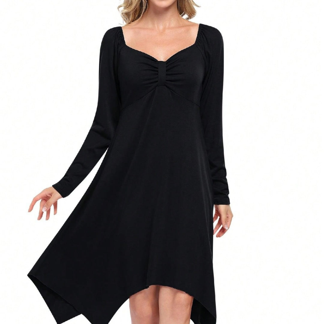 Damen asymmetrisches Longsleeve-Kleid mit gerafftem Bustier, Empire‑Naht und Zipfelsaum – Valéora