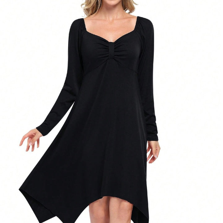 Damen asymmetrisches Longsleeve-Kleid mit gerafftem Bustier, Empire‑Naht und Zipfelsaum – Valéora