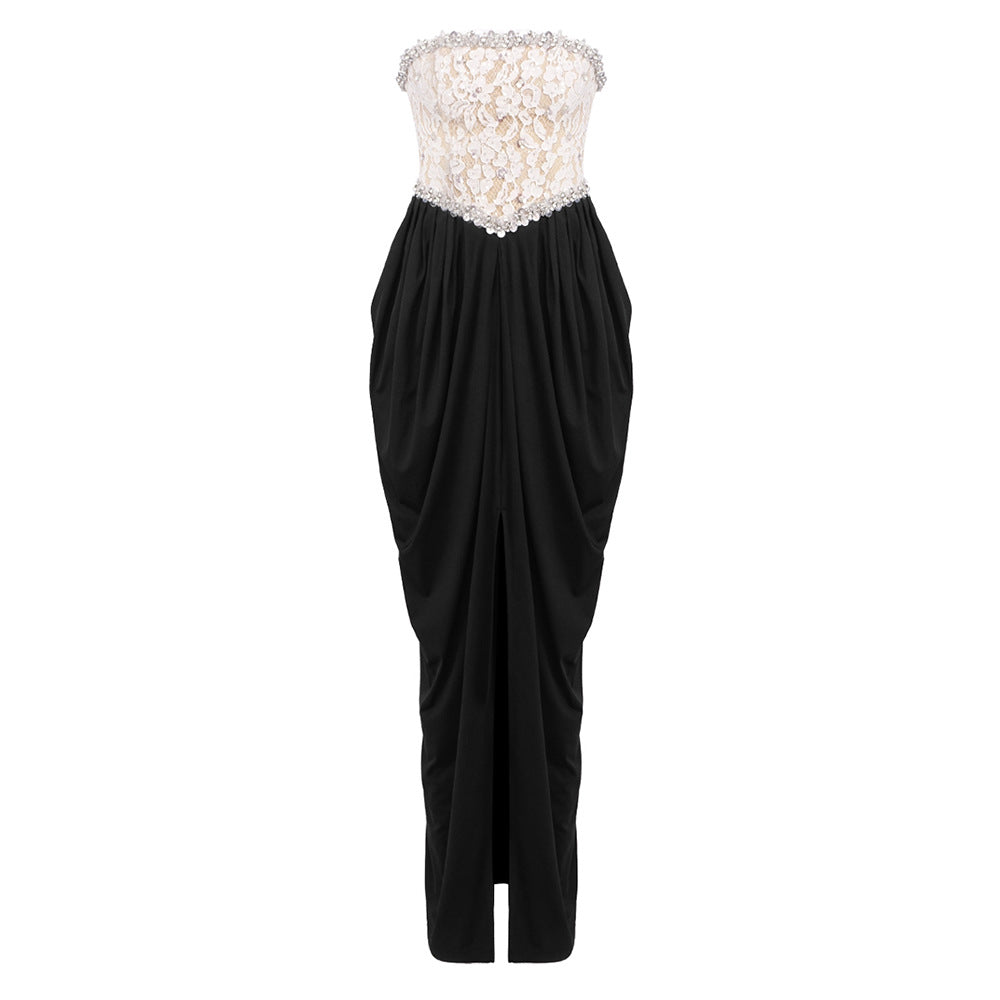 Damen elegantes Abendkleid mit schimmerndem Spitzenoberteil und Drapierungsdetails Echo Archiv