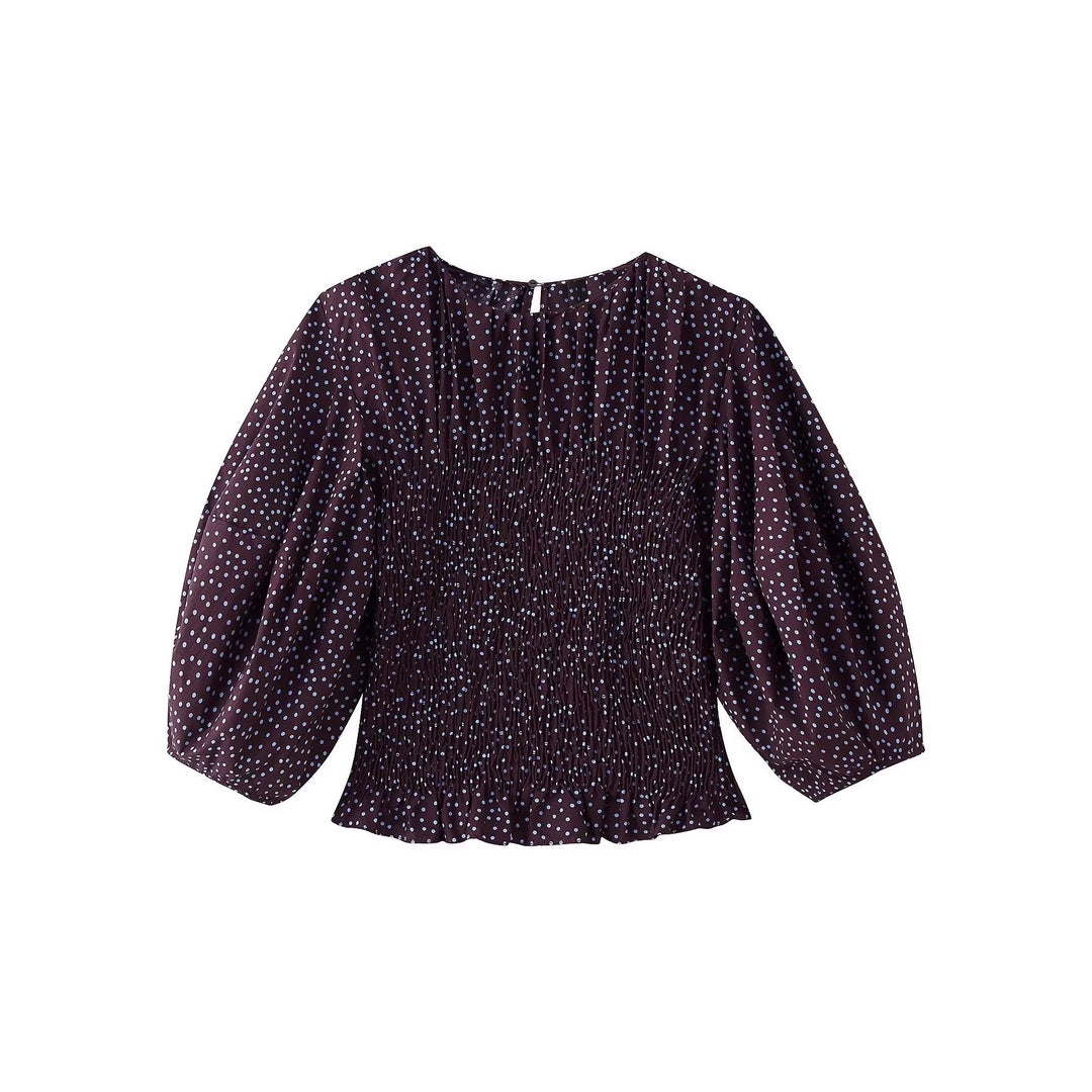 Damen Gepunktete Bluse mit Smok-Taille und Ballonärmeln Echoarchiv
