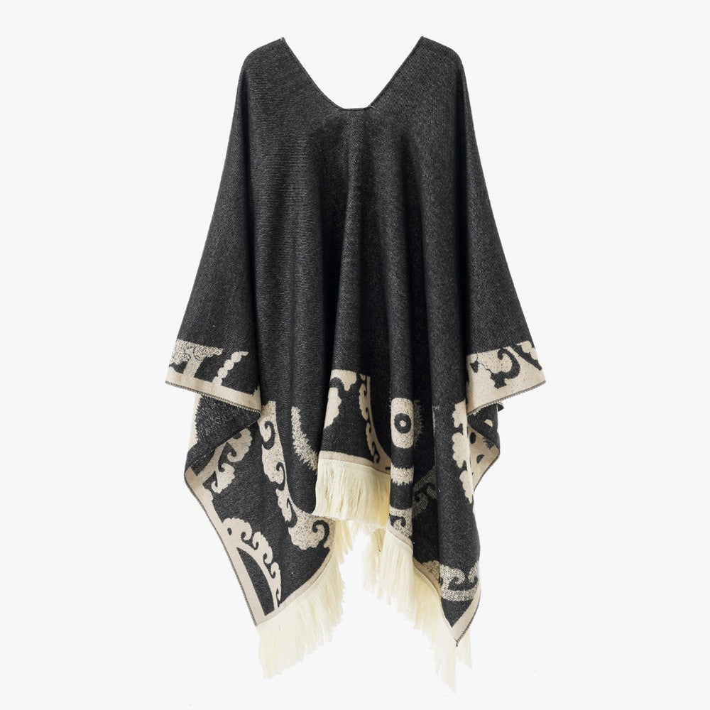 Damen Ornamentaler Jacquard‑Poncho mit V‑Ausschnitt und Fransensaum Echo Archiv