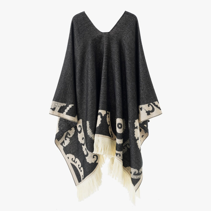 Damen Ornamentaler Jacquard‑Poncho mit V‑Ausschnitt und Fransensaum Echo Archiv