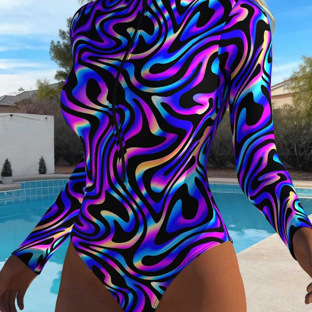Damen eleganter Langarm-Schwimmanzug mit aufregendem Wellenmuster und hohem Kragen Echo Archiv