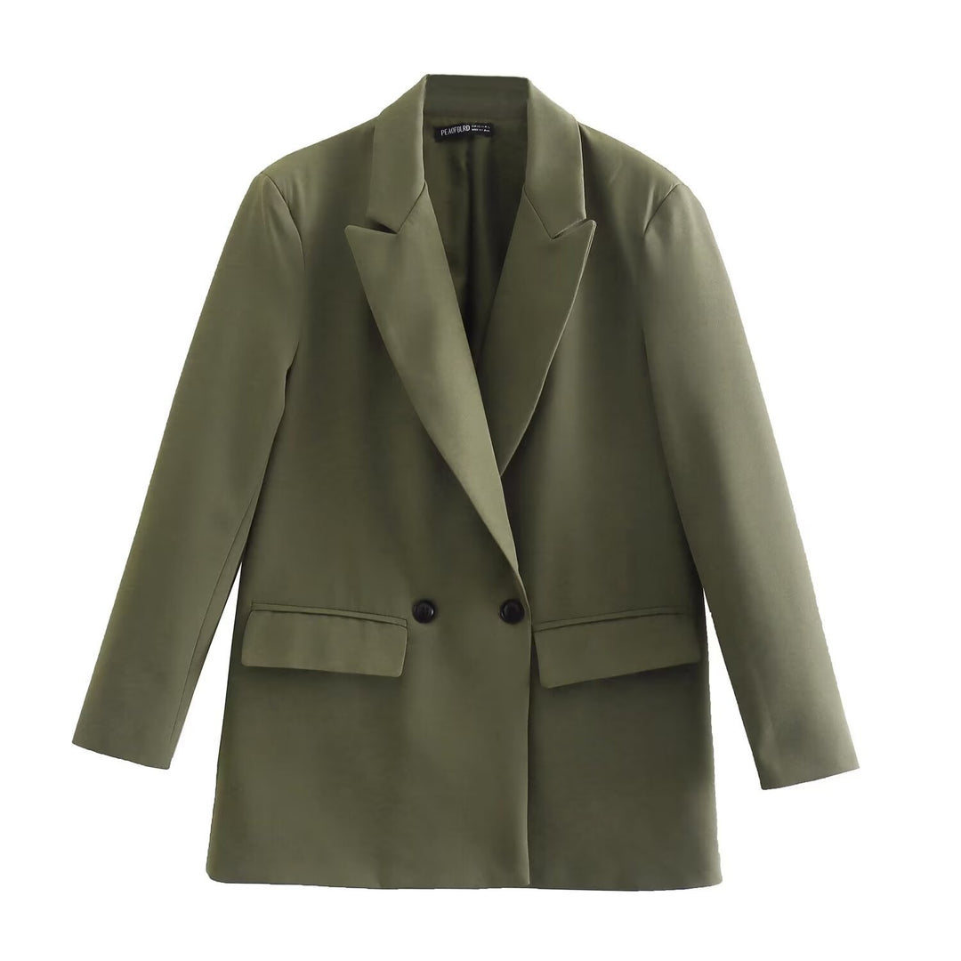 Damen Doppelreihiger Longblazer mit weitem Schalkragen und Pattentaschen Echo Archiv