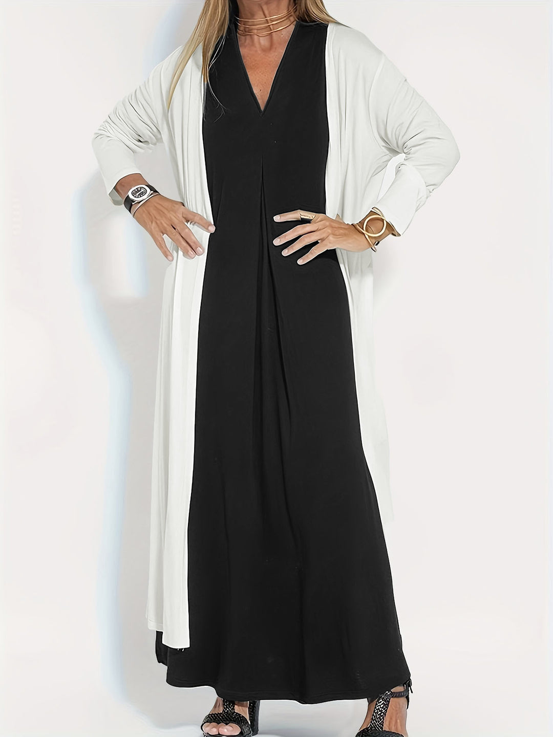 Damen Langer Offener Jersey-Cardigan mit Eingrifftaschen und fließender Drapierung – Veloura