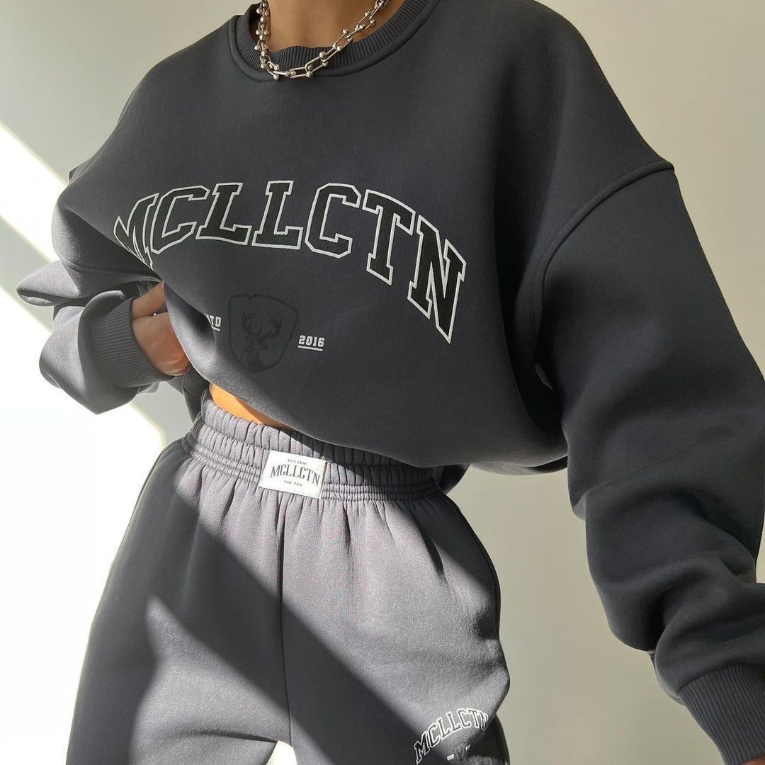 Damen Oversized College-Sweatshirt und High-Waist-Jogger-Set aus French-Terry Echoarchiv