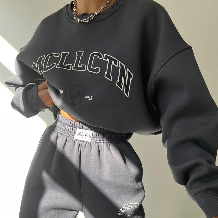Damen Oversized College-Sweatshirt und High-Waist-Jogger-Set aus French-Terry Echoarchiv