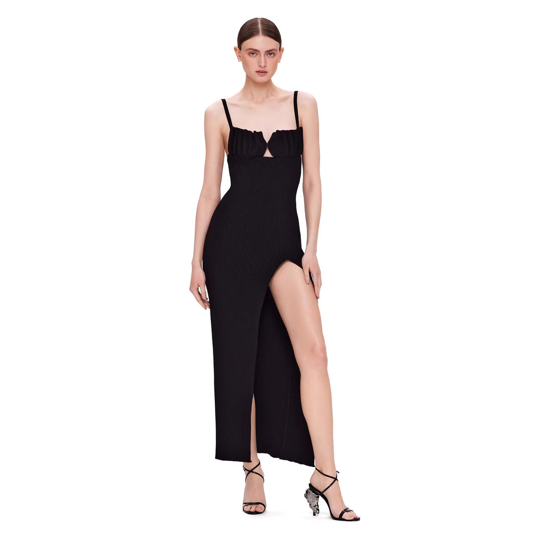Damen figurbetontes Maxi-Kleid mit raffiniertem Schlitz und gepolsterten Trägern Echo Archiv