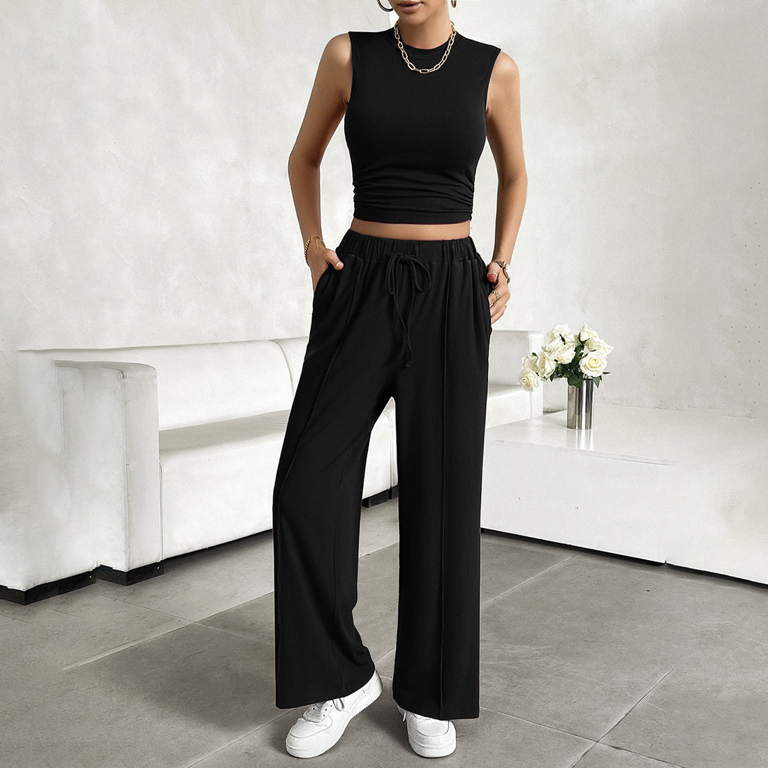 Damen Freizeit-Set mit tailliertem Top und weitem Hose – Élanora