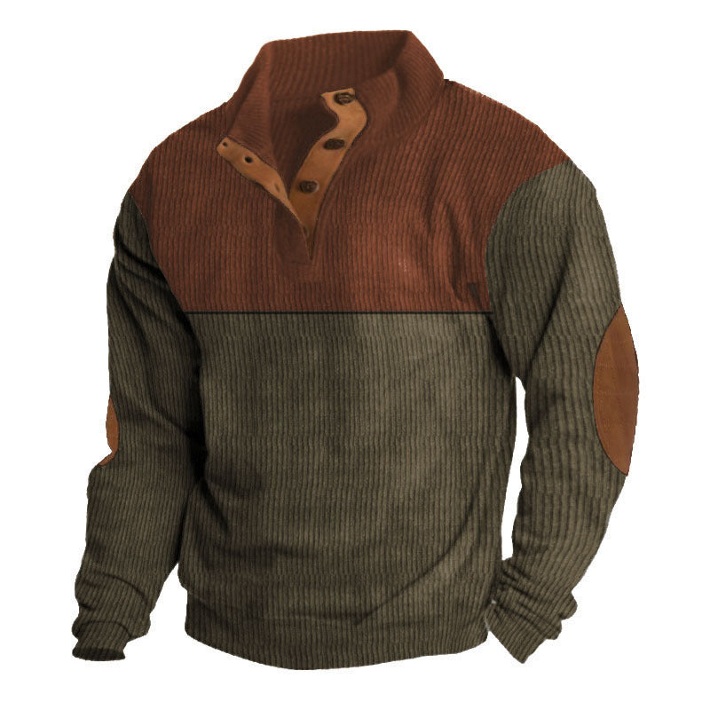 Herren nan grober Rippstrick-Pullover mit Stehkragen, Knopfleiste und markanten Ellenbogenpatches Echo Archiv