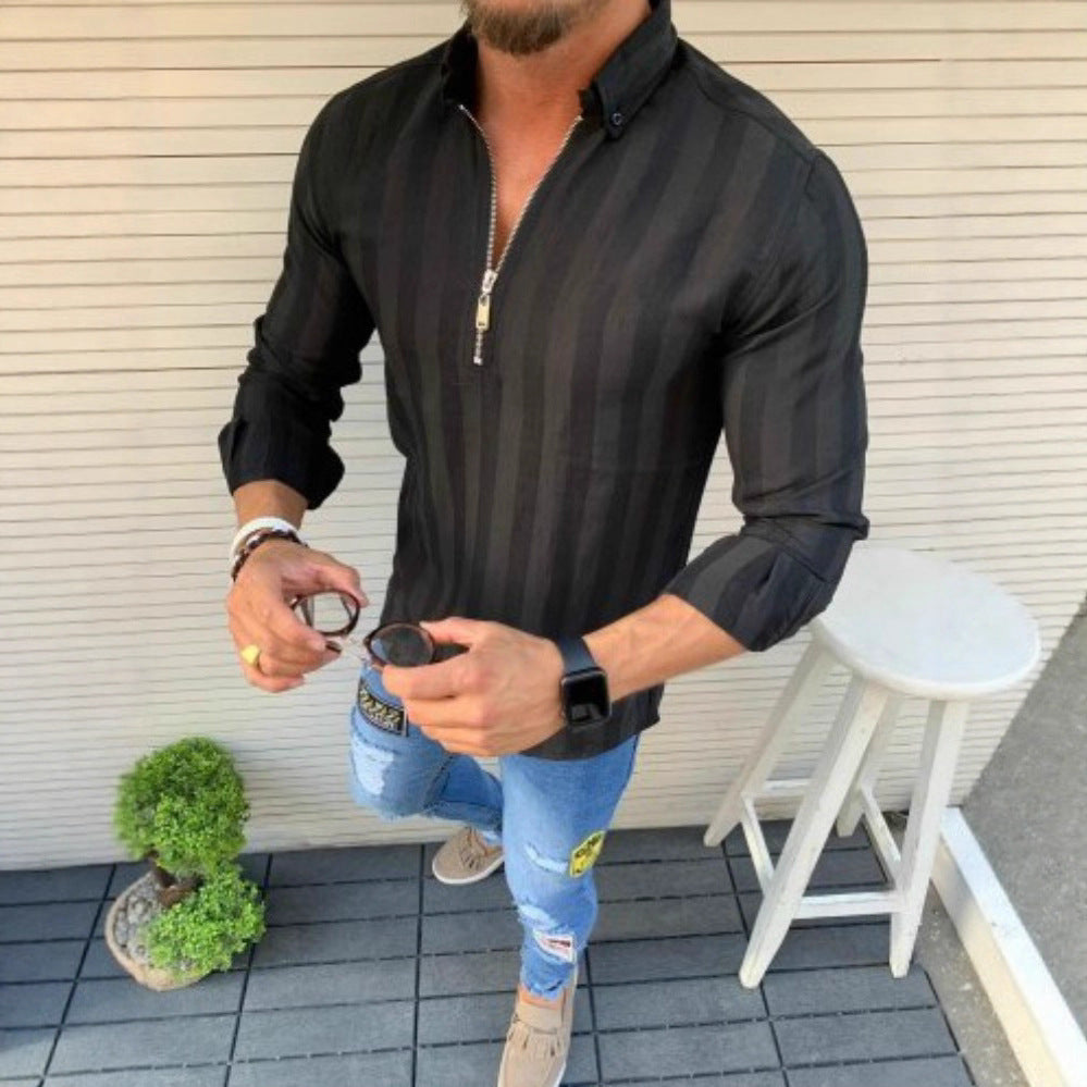Herren Langarmshirt mit modernem Reißverschluss und feinem Streifenmuster Echoarchiv