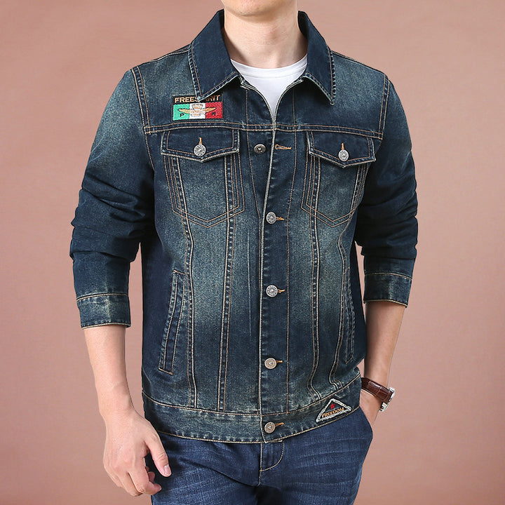 Herren Jeansjacke im Vintage‑Look mit bedrucktem Innenfutter und Emblem‑Details – Denvaro