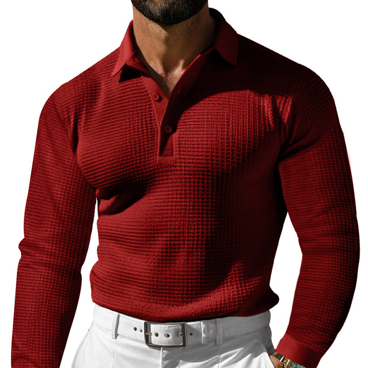 Herren Waffelstruktur-Poloshirt mit Langarm, Slim-Fit und Kentkragen Echoarchiv