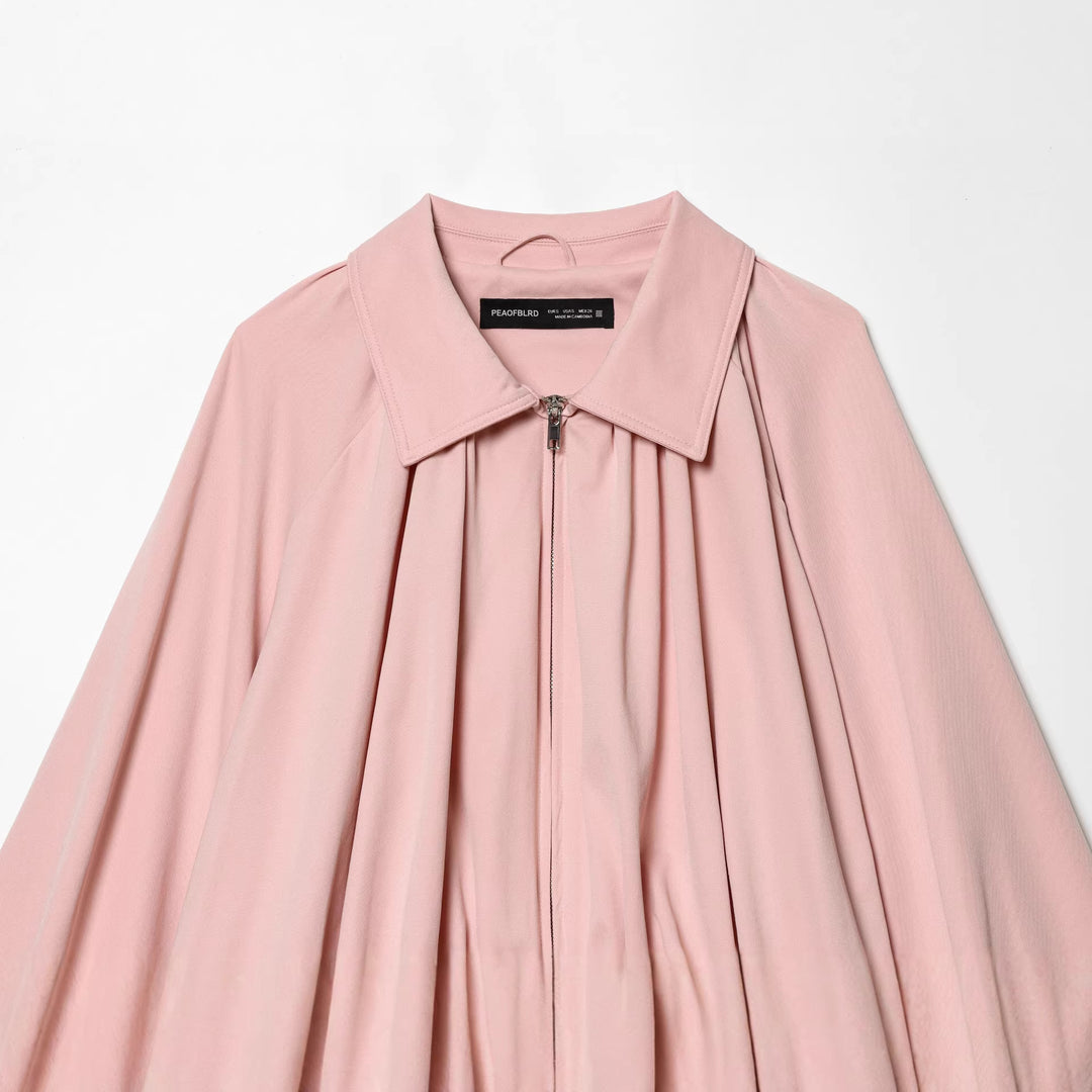 Damen weite Plissee Capejacke mit Umlegekragen Reißverschluss und elastischem Saum – Célinea