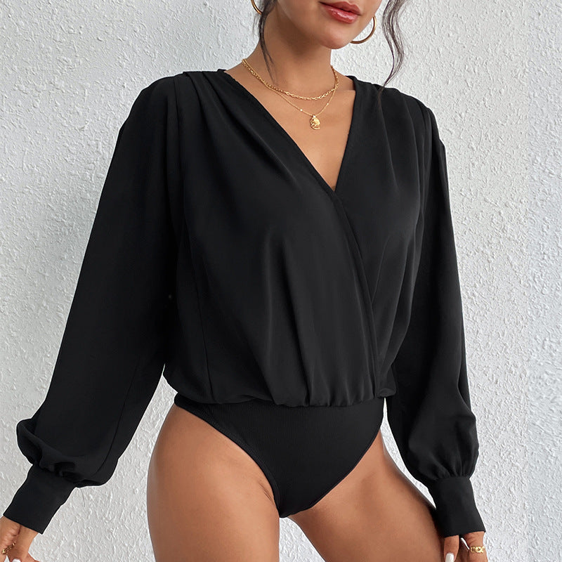 Damen Leichte Wickelbluse mit V-Ausschnitt, gerafften Schultern & Ballonärmeln Echoarchiv