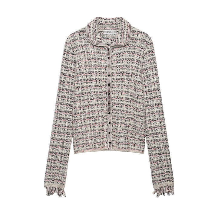 Damen Tweed-Cardigan mit Rundkragen, durchgehender Knopfleiste und Fransenabschlüssen Echoarchiv