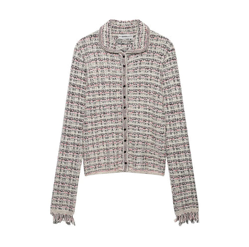 Damen Tweed-Cardigan mit Rundkragen, durchgehender Knopfleiste und Fransenabschlüssen Echoarchiv