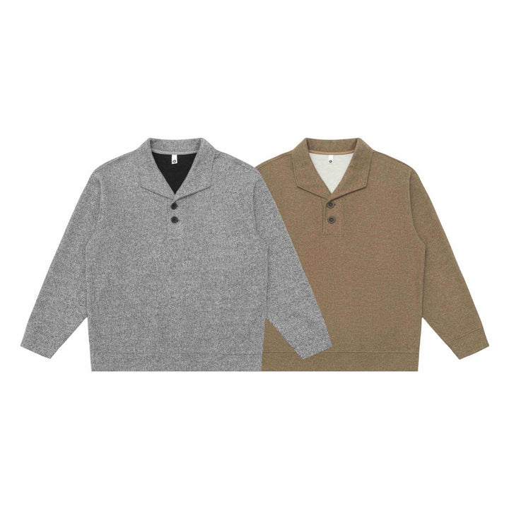 Unisex Feiner Schalkragen-Strickpullover mit halber Knopfleiste und geripptem Saum Echoarchiv