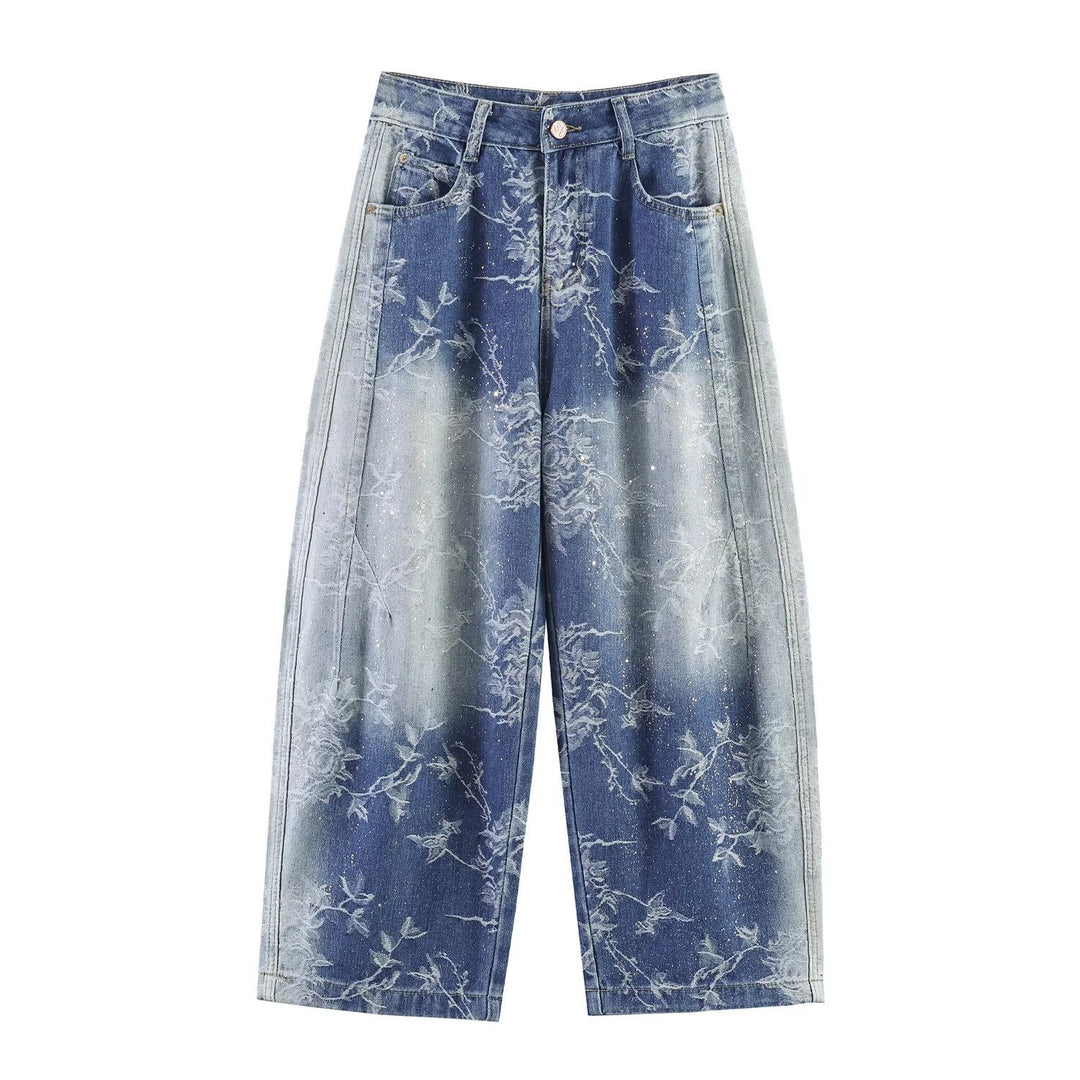 Damen Highwaist Culotte-Jeans mit weitem Bein und floraler Bleach-Optik Echoarchiv