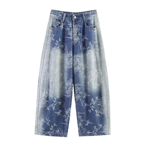 Damen Highwaist Culotte-Jeans mit weitem Bein und floraler Bleach-Optik Echoarchiv