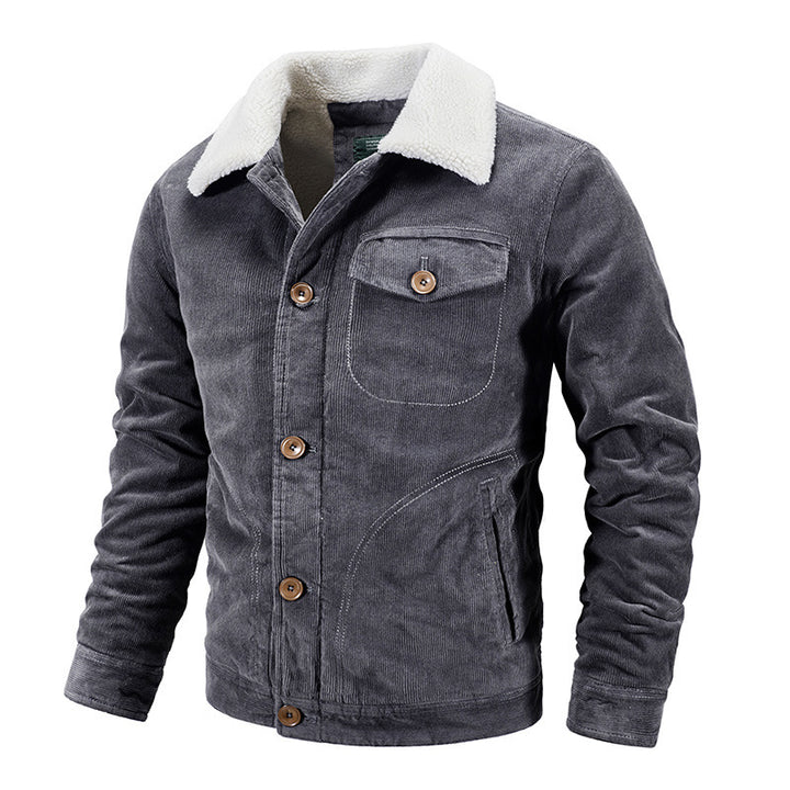 Herren Cord-Truckerjacke mit wärmendem Sherpa-Kragen und Holzknopffront – Taviero