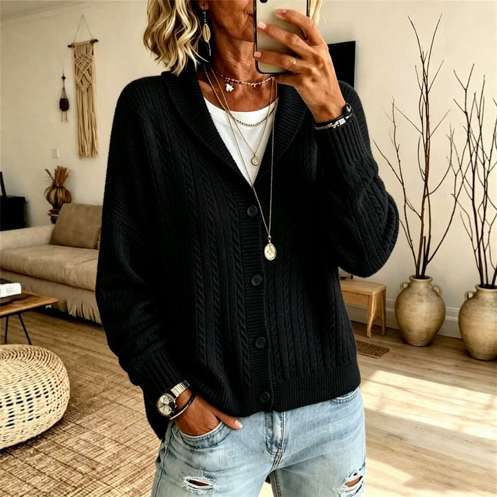 Damen Langer Schalkragen-Cardigan aus Zopfmuster mit gerippten Bündchen – Veloura
