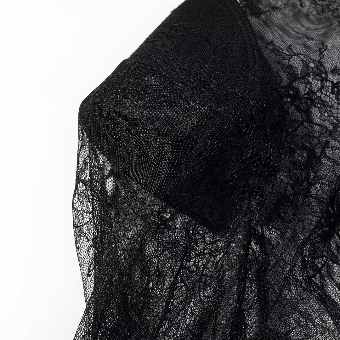Damen transparente Spitzenbluse mit Stehkragen, Trompetenärmeln und Spitzensaum Echo Archiv