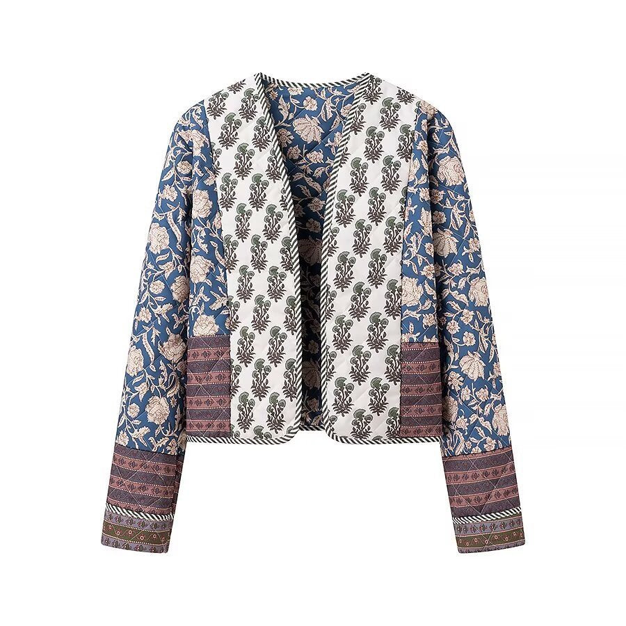 Damen Gesteppte Kurzjacke im Boho‑Patchwork‑Stil mit offenem Vorderteil Echo Archiv