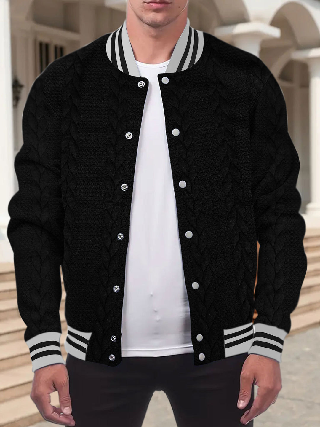 Herren lässige Collegejacke mit strukturiertem Stoff und Kontraststreifen Echoarchiv