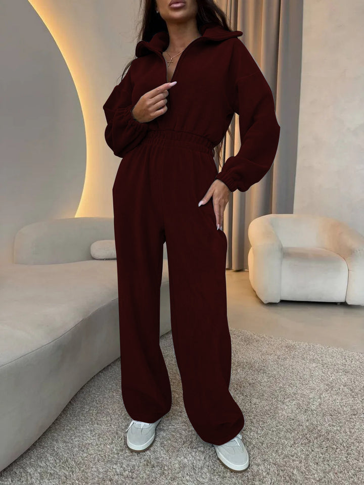 Damen Oversized Loungewear-Jumpsuit mit halbem Reißverschluss und elastischer Taillenraffung – Solévia