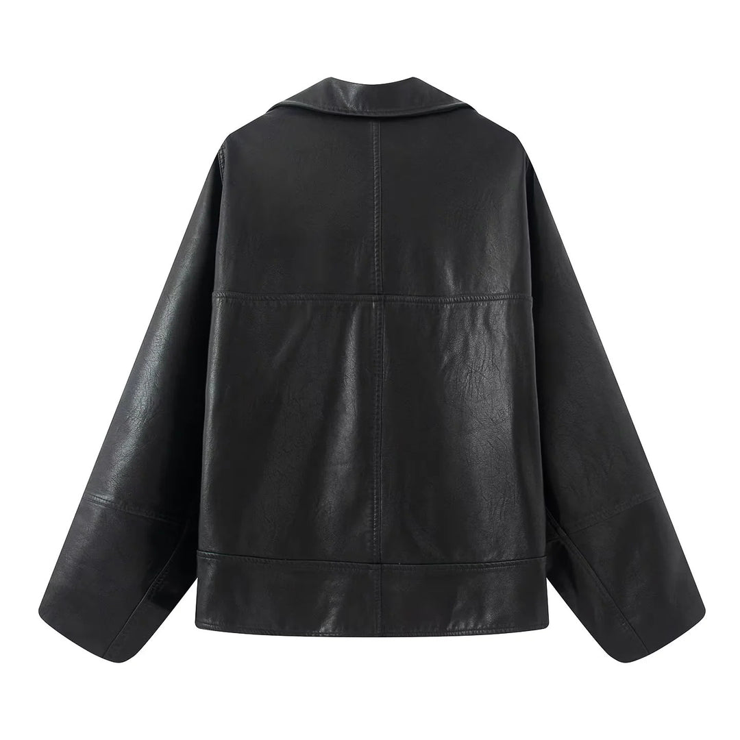 Damen nan kastiger Lederimitat-Blouson mit überlappendem Schalkragen und diagonal eingesetzten Taschen Echo Archiv