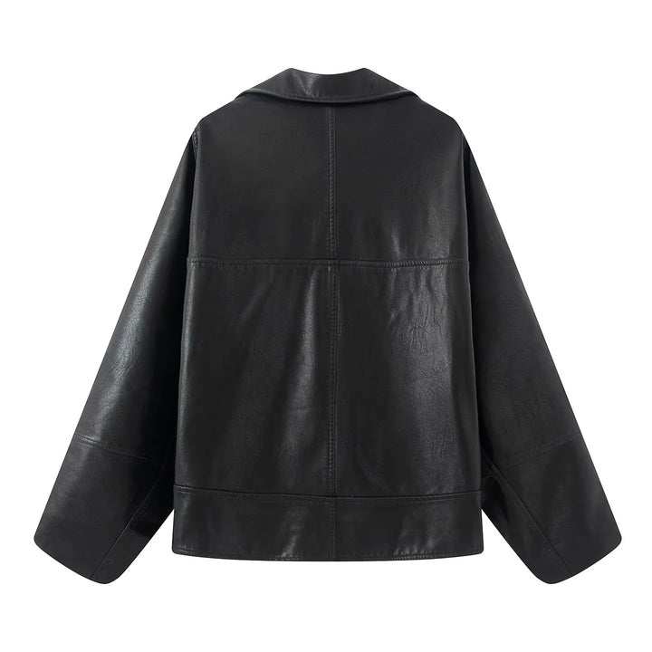 Damen nan kastiger Lederimitat-Blouson mit überlappendem Schalkragen und diagonal eingesetzten Taschen Echo Archiv