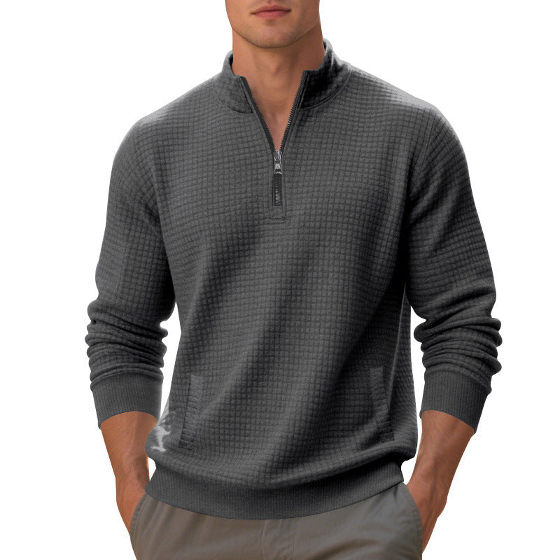 Herren Waffelstrick-Halbzip-Pullover mit Stehkragen, Kängurutasche & gerippten Abschlüssen – Cavarno