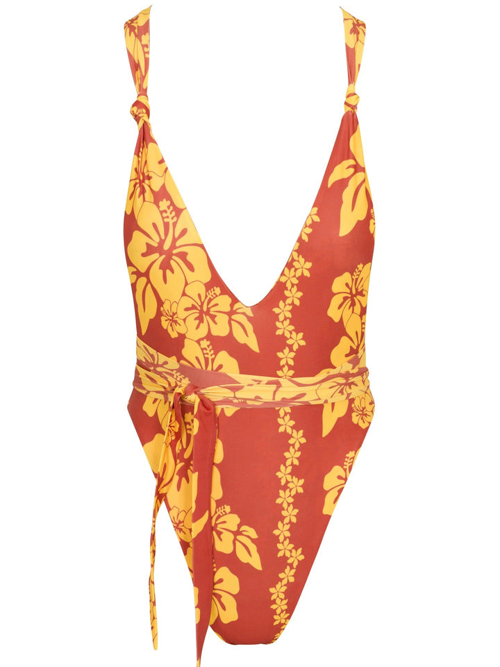 Damen Einteiler-Badeanzug mit tiefem V-Ausschnitt und floralem Design Echo Archiv