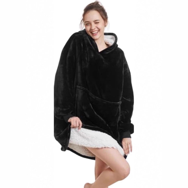 Damen Oversize Kapuzen-Kuscheldecke aus Mikrofaser mit Sherpa-Futter – Avelisse