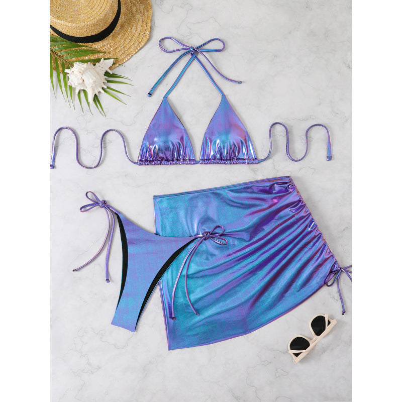Damen Glänzendes Triangel-Bikini-Set mit Wickelrock Echo Archiv