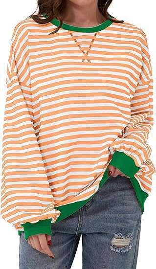 Damen Lässiges Oversize-Streifen-Sweatshirt mit Raglanärmeln und Kontrastbündchen – Mavelle