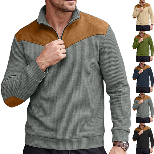 Herren Strickpullover mit Troyerkragen, Rippenstruktur und Ellbogen-Patches – Norvane