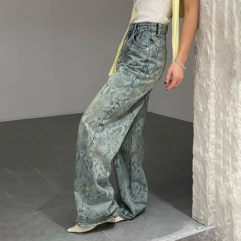 Damen nan hochgeschnittene Jeans mit Schlangenprint, weitem Bein und geradem Schnitt Echo Archiv