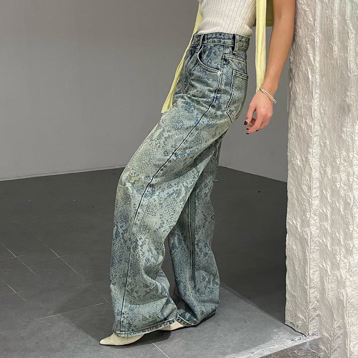 Damen nan hochgeschnittene Jeans mit Schlangenprint, weitem Bein und geradem Schnitt Echo Archiv