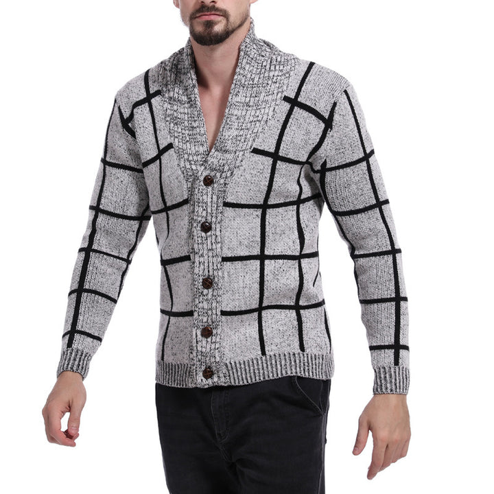 Herren modische Strickjacke mit Karomuster und elegantem Revers Echoarchiv