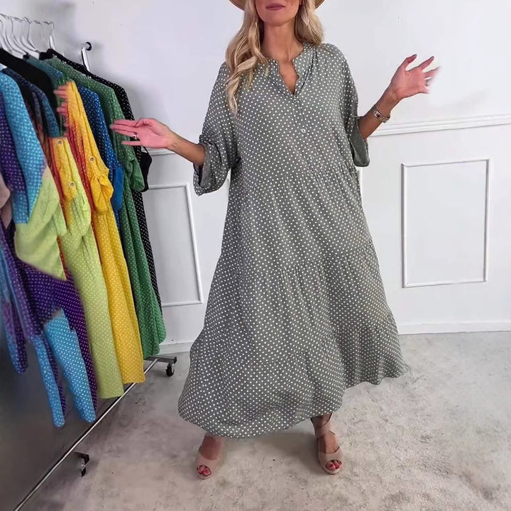 Damen nan lässiges Stufenmidikleid mit Stehkragen, verdeckter Knopfleiste und dreiviertelärmeln Echo Archiv