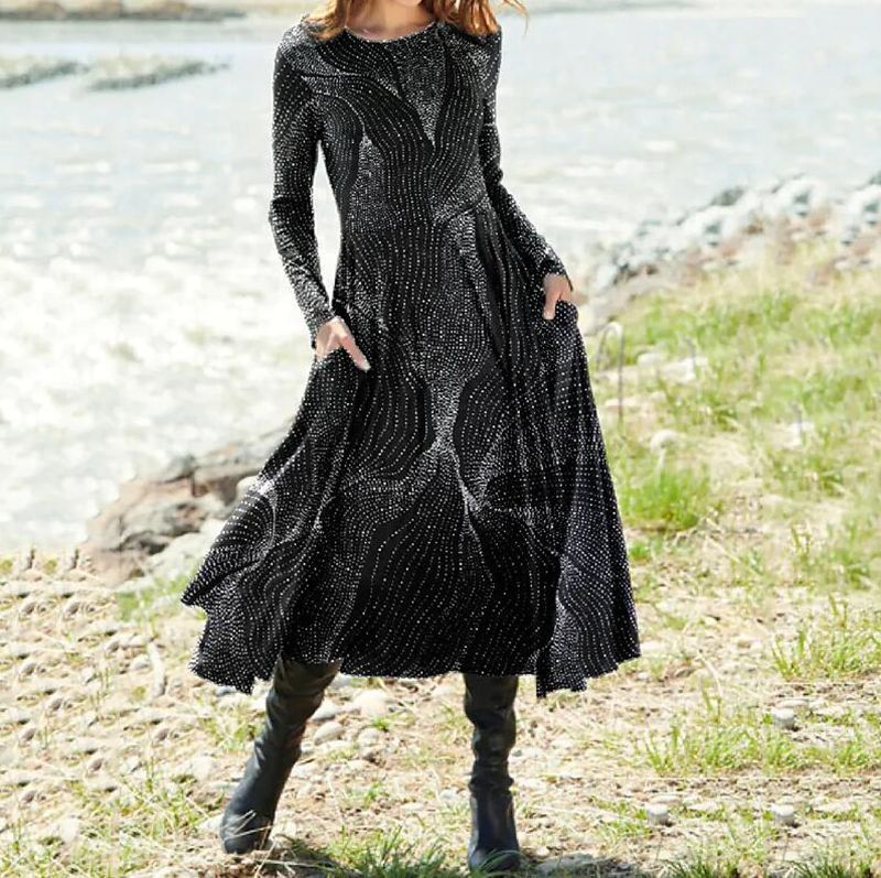 Damen nan Boho-Maxikleid mit taillierter Empire-Passe, langen Ärmeln und Seitentaschen Echo Archiv