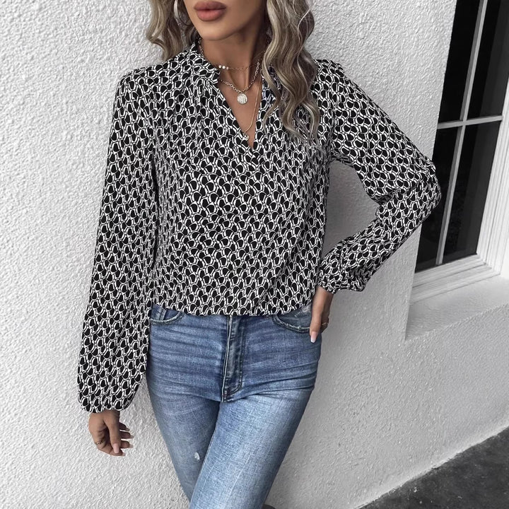 Damen Gemusterte Viskose-Bluse mit Stehkragen und Ballonärmeln – Élovi