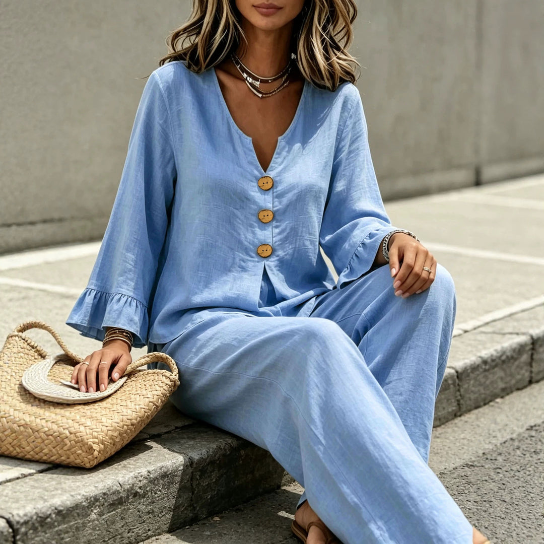 Damen Leinenoptik-Loungewear-Set mit V-Ausschnitt Holzknopfleiste und Volantärmeln Echoarchiv